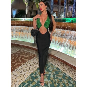 Slim Maxi Dress Women Fashion Green Sequins Patchwork Long Dress 2022 Summer Elegant Cut Out 